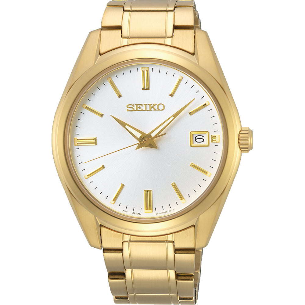 Herrenarmbanduhr mit goldenem Gehäuse, weißem Zifferblatt und Datumsanzeige