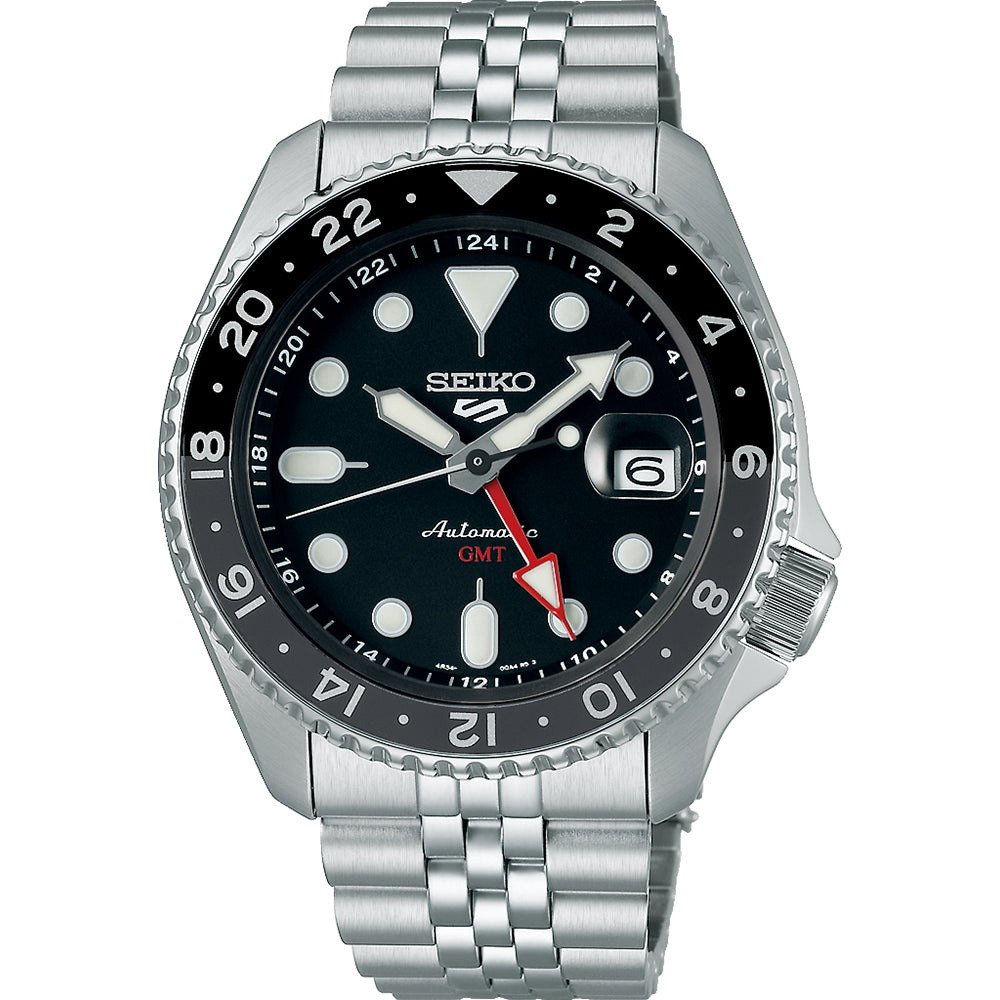 Herrenarmbanduhr mit schwarzem Zifferblatt, Edelstahlgehäuse und -armband, GMT-Funktion, roter Zeiger