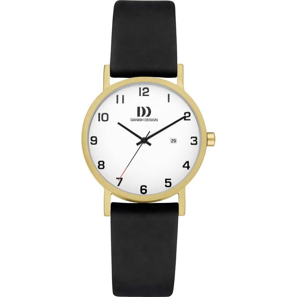 Uhr mit goldfarbenem Gehäuse, weißem Zifferblatt und schwarzem Lederarmband