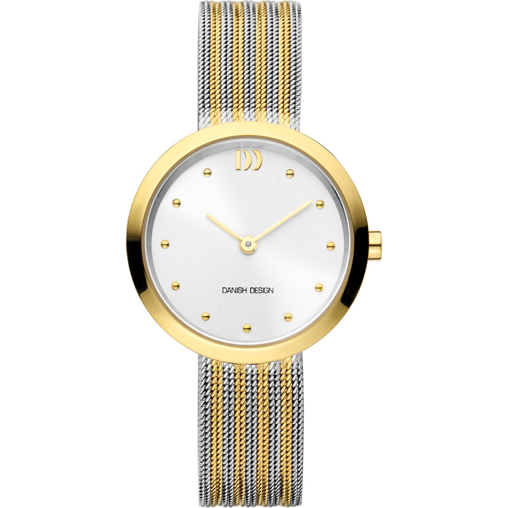 Uhr mit silbernem und goldenem Mesh-Armband, weißem Zifferblatt und goldenen Indizes