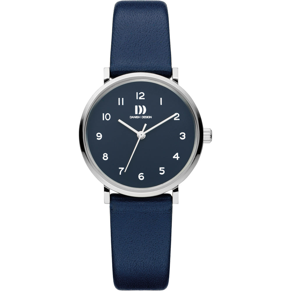 Armbanduhr mit blauem Zifferblatt und blauem Lederarmband, Gehäuse aus Silber.