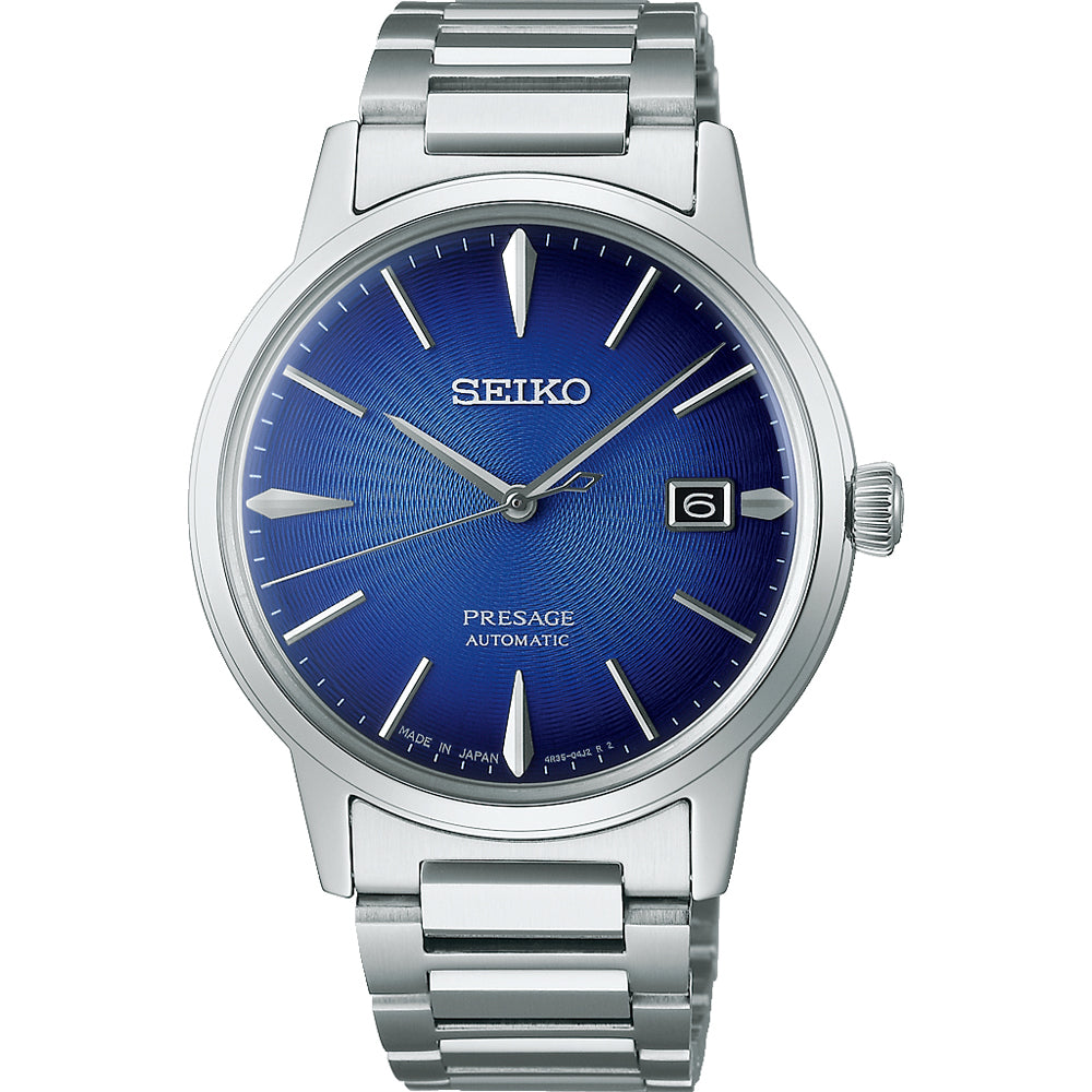 Herrenarmbanduhr von Seiko mit blauem Zifferblatt und Edelstahlarmband, automatische Uhrwerk, Datumsanzeige