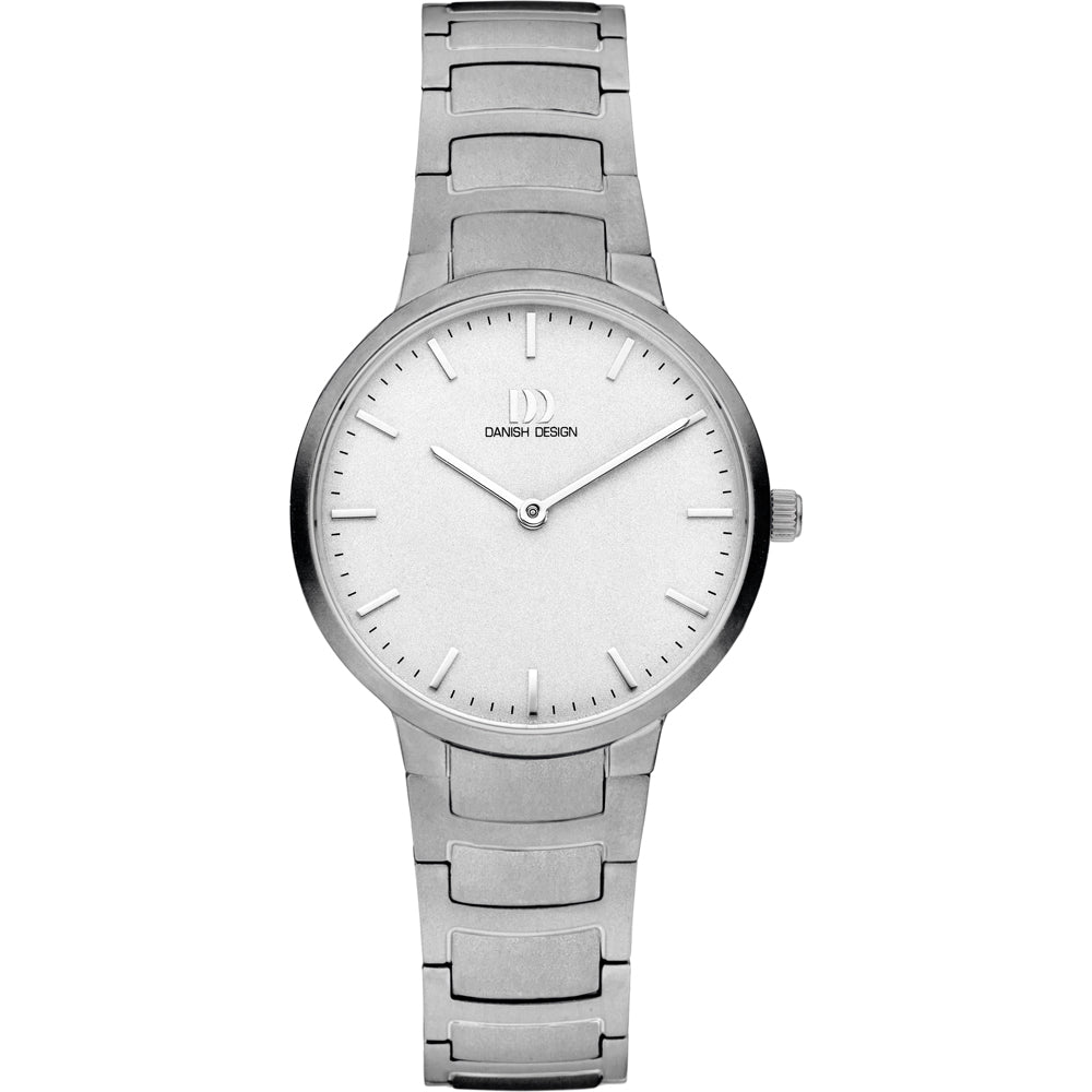 Armbanduhr mit silbernem Gehäuse und Armband, mit weißem Zifferblatt und minimalistischen Indizes