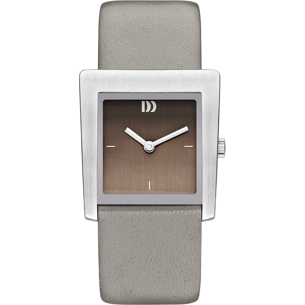 Uhr mit quadratischem Gehäuse, grauem Zifferblatt und grauem Lederarmband