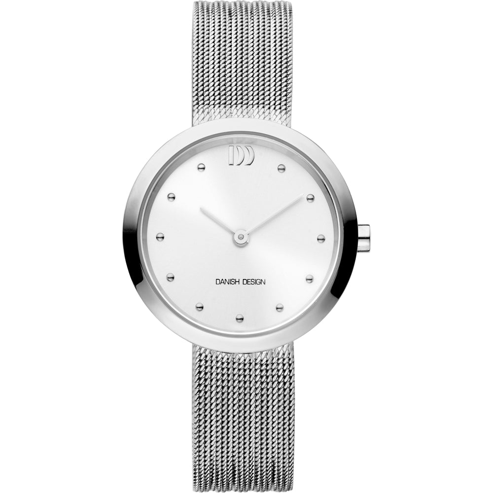 Uhr mit silbernem Gehäuse, weißem Zifferblatt und silbernem Mesh-Armband