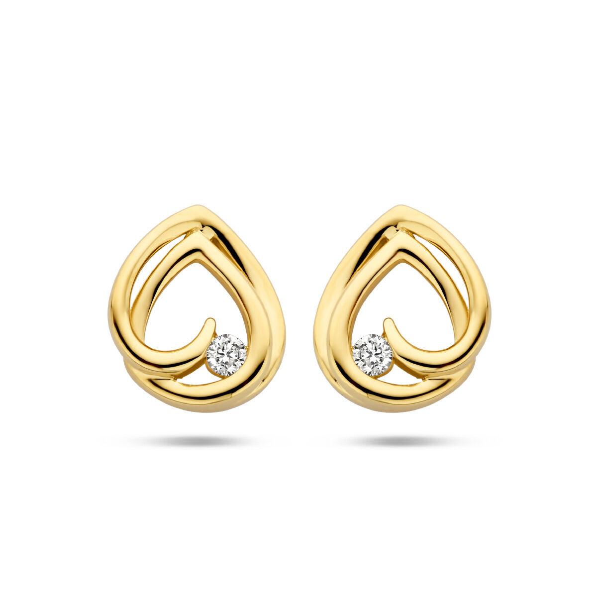 Ohrstecker aus 14K Gelbgold mit tropfenförmigem Design und einem kleinen Diamanten in der Mitte