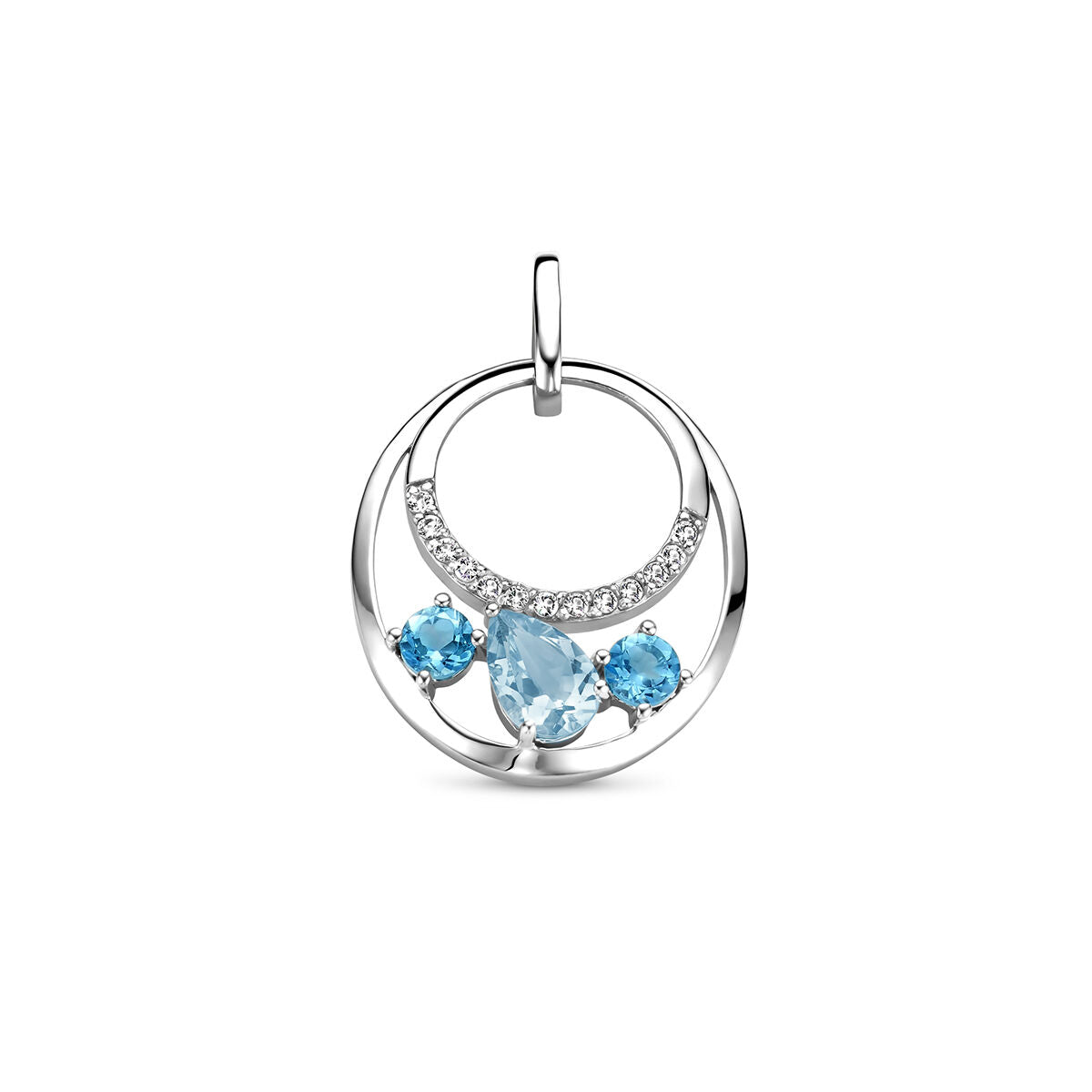 Hänger aus rhodiniertem Silber mit blauen Topasen und Zirkonia-Steinen
