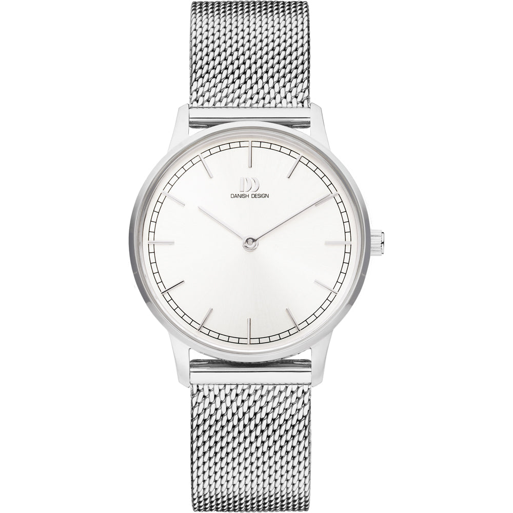 Uhr mit silbernem Gehäuse, weißem Zifferblatt und silbernem Mesh-Armband