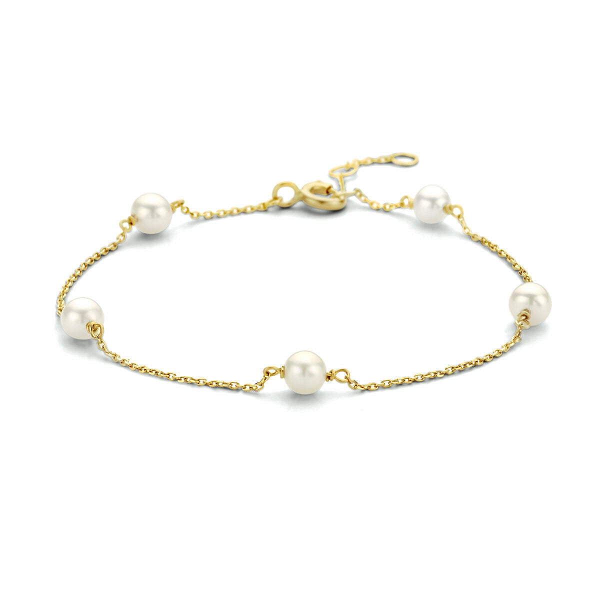 Goldenes Damenarmband mit fünf Perlen und feiner Gliederkette aus 14K Gold