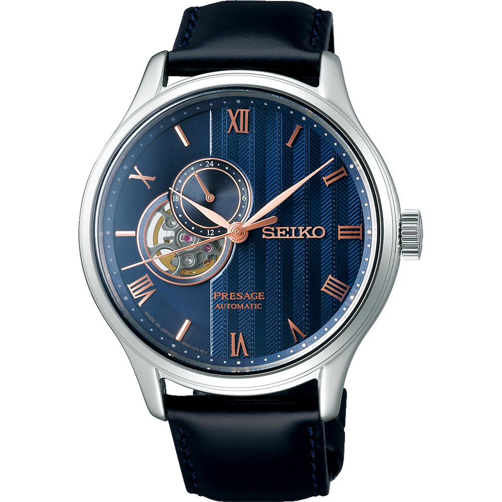 Herrenarmbanduhr mit blauem Zifferblatt, silbernem Gehäuse und schwarzem Lederarmband
