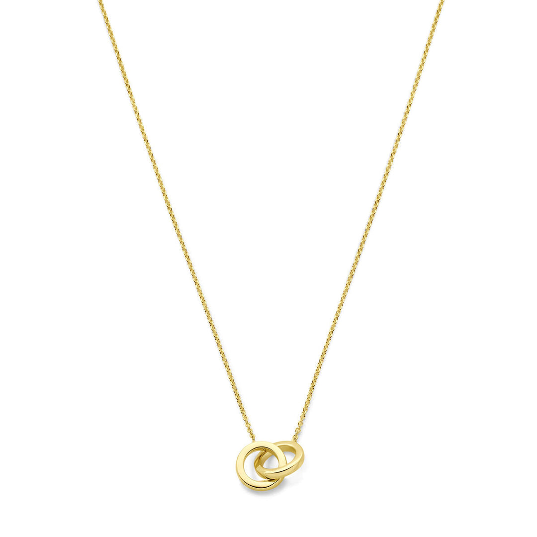 Het Van der Kooij Collectie collier rondjes 40-42-44 cm 14K geelgoud is een delicaat, trendy damesketting met een fijne ketting en twee in elkaar grijpende gouden cirkels, afgebeeld tegen een effen witte achtergrond.