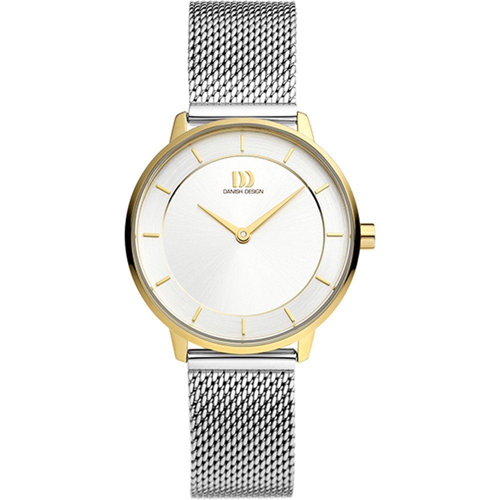 Uhr mit silbernem Mesh-Armband, goldfarbenem Gehäuse und weißem Zifferblatt