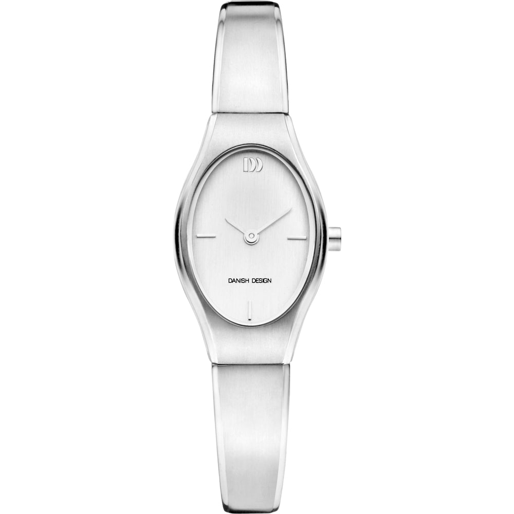 Uhr mit silbernem Gehäuse, weißem Zifferblatt und schmalem Armband