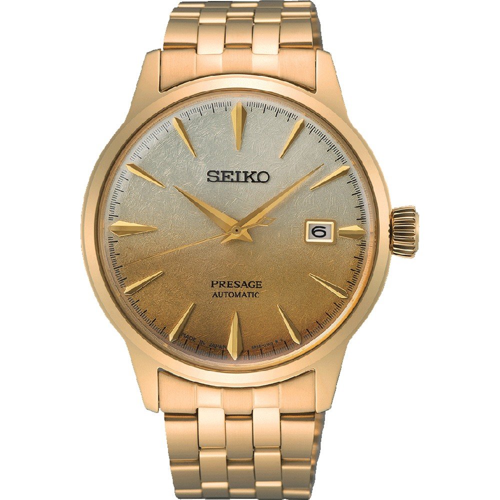 Het Seiko Presage SRPK46J1 horloge heeft een sunburst wijzerplaat, gouden uurmarkeringen, wijzers en een datumvenster op 3 uur. De elegantie wordt versterkt door een roestvrijstalen kast, automatisch uurwerk, gladde bezel en gouden metalen armband.
