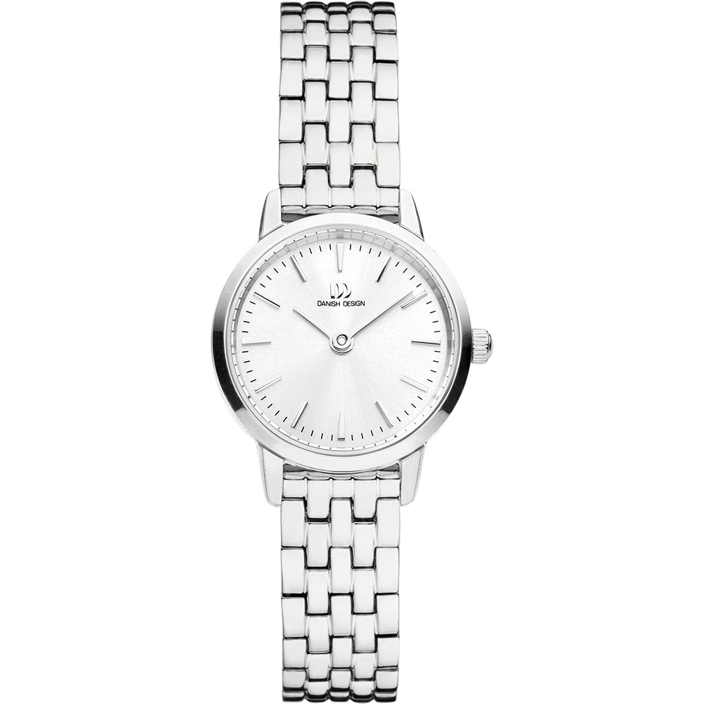 Armbanduhr mit silbernem Gehäuse, weißem Zifferblatt und silbernem Mesh-Armband