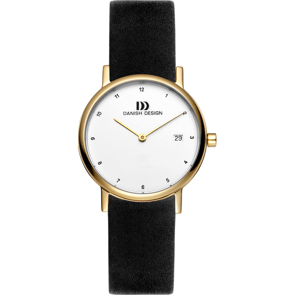 Uhr mit goldfarbenem Gehäuse, weißem Zifferblatt und schwarzem Lederarmband