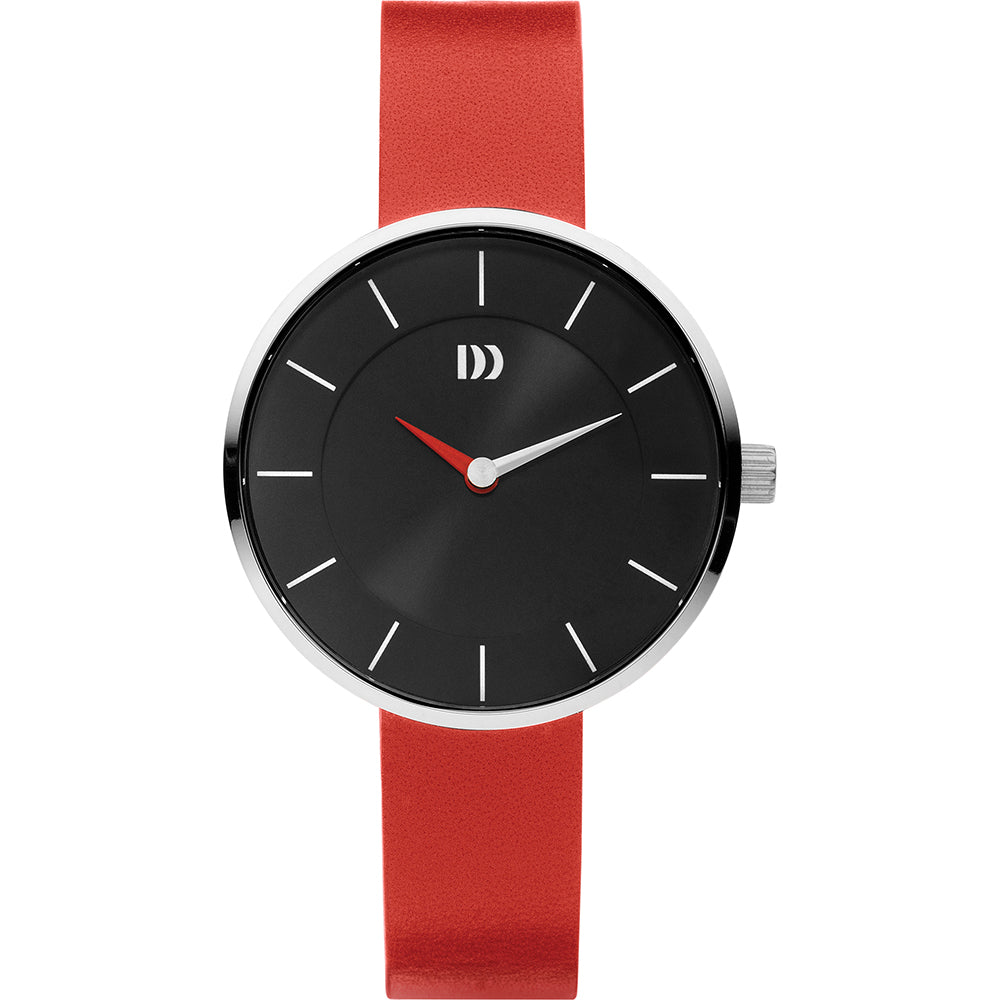 Uhr mit schwarzem Zifferblatt, silbernem Gehäuse und rotem Lederarmband