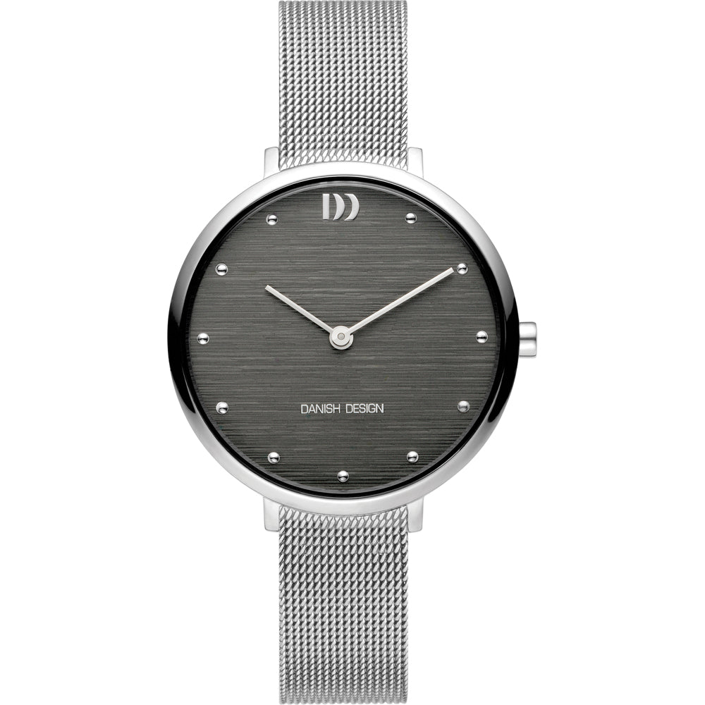 Uhr mit grauem Zifferblatt, silbernem Gehäuse und silbernem Mesh-Armband