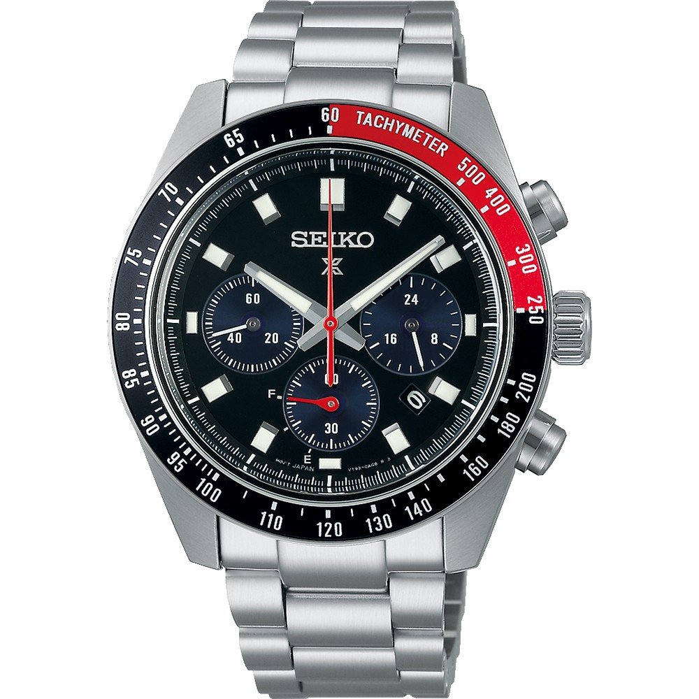 Herrenchronograph mit schwarzem Zifferblatt, silbernem Gehäuse und rotem Tachymeter-Ring