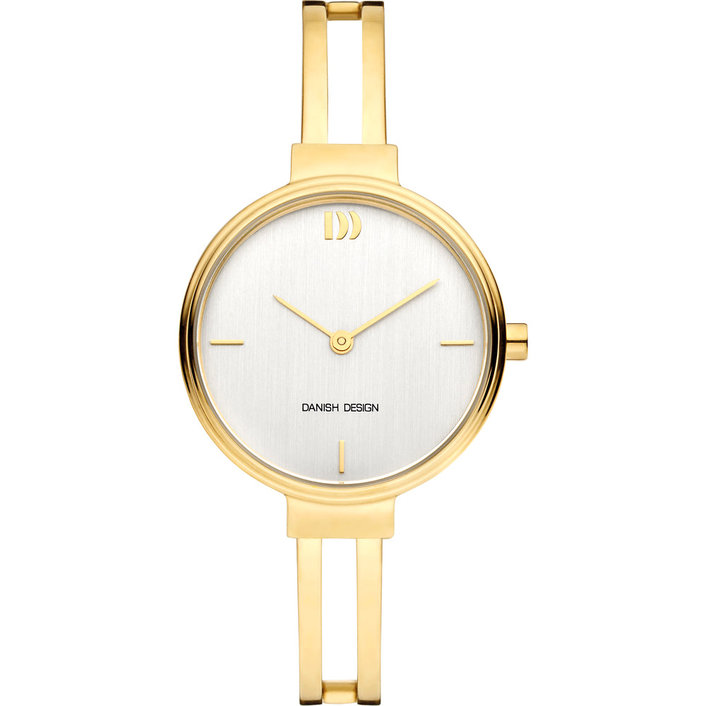 Dameuhr mit goldfarbenem Gehäuse, silbernem Zifferblatt und goldfarbenem Armband