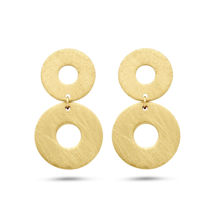 Van der Kooij Collectie oorhangers poli/mat, vervaardigd in 14K geelgoud, met twee ovaalvormige elementen met centrale uitsparingen, gepresenteerd op een witte achtergrond.
