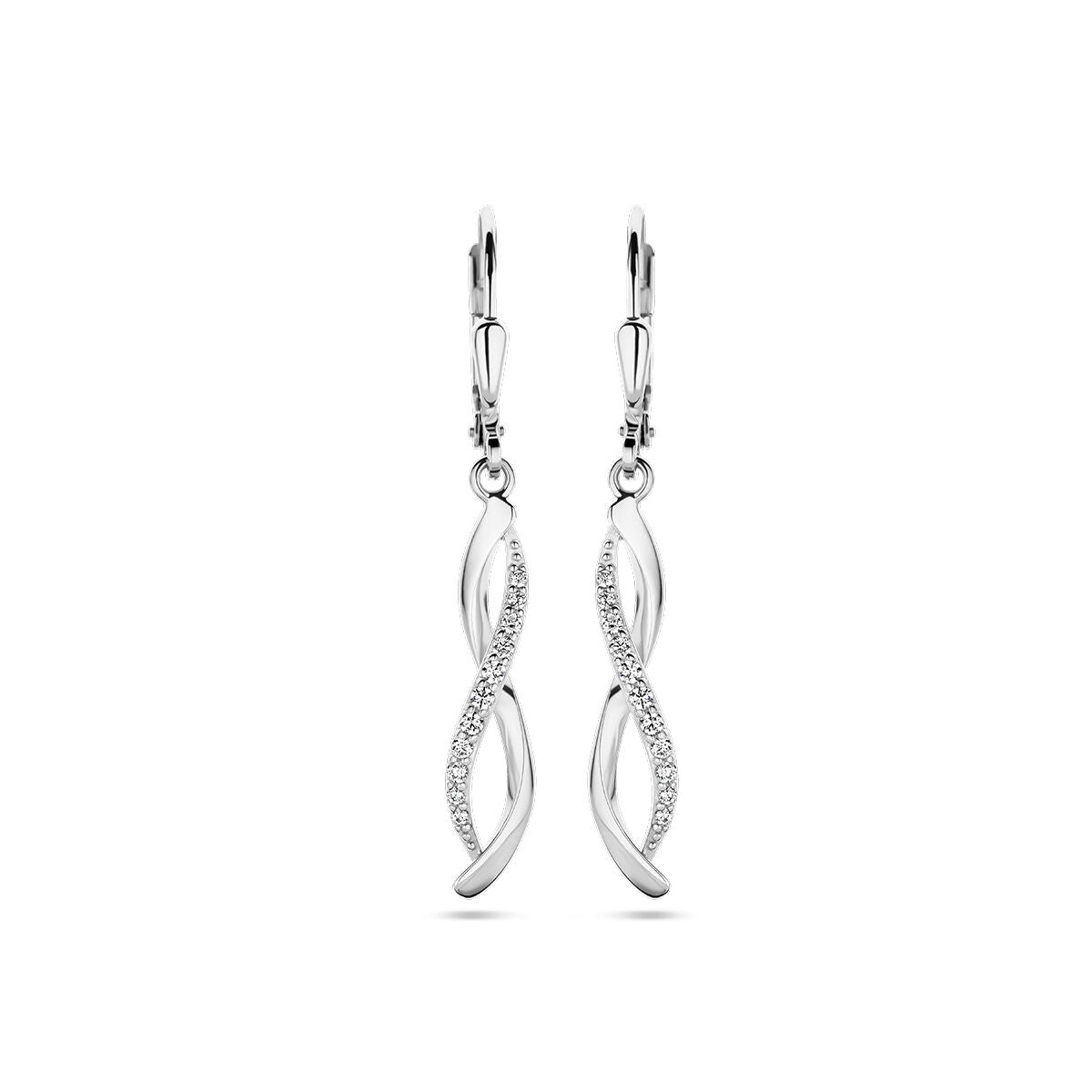 Ohrhänger aus rhodiniertem Silber mit Zirkonia, geschwungene Form und funkelnden Steinen