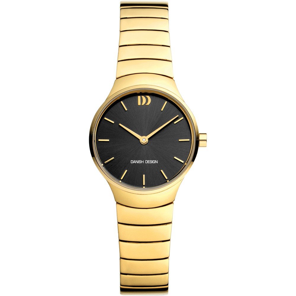 Damenarmbanduhr mit schwarzem Zifferblatt und goldfarbenem Gehäuse sowie goldfarbenem Armband