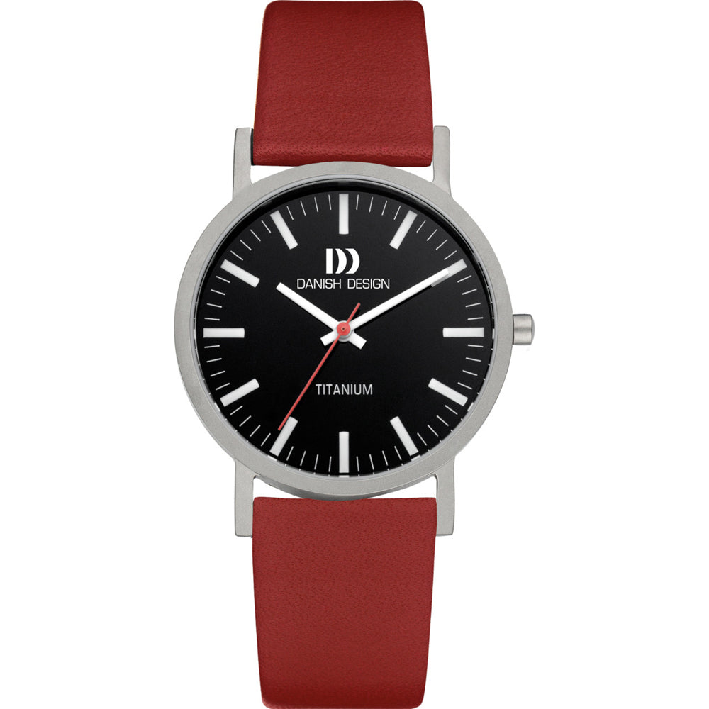 Uhr mit schwarzem Zifferblatt, silbernem Gehäuse und rotem Lederarmband