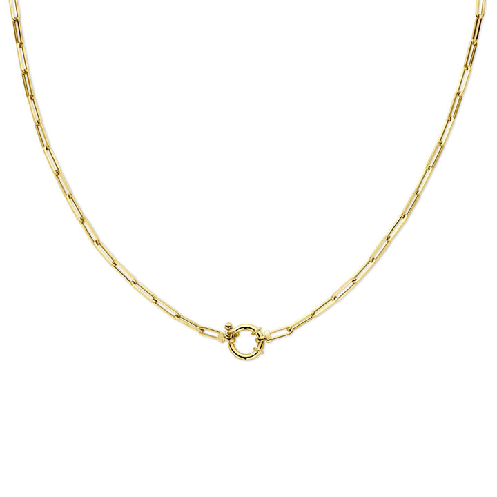 De Van der Kooij Collectie collier paperclip vierkante buis 3,0 mm 45 cm met groot veerslot in 14K geelgoud is een minimale, elegante dames sieraad met vierkante buis schakels, afgebeeld op een effen witte achtergrond.
