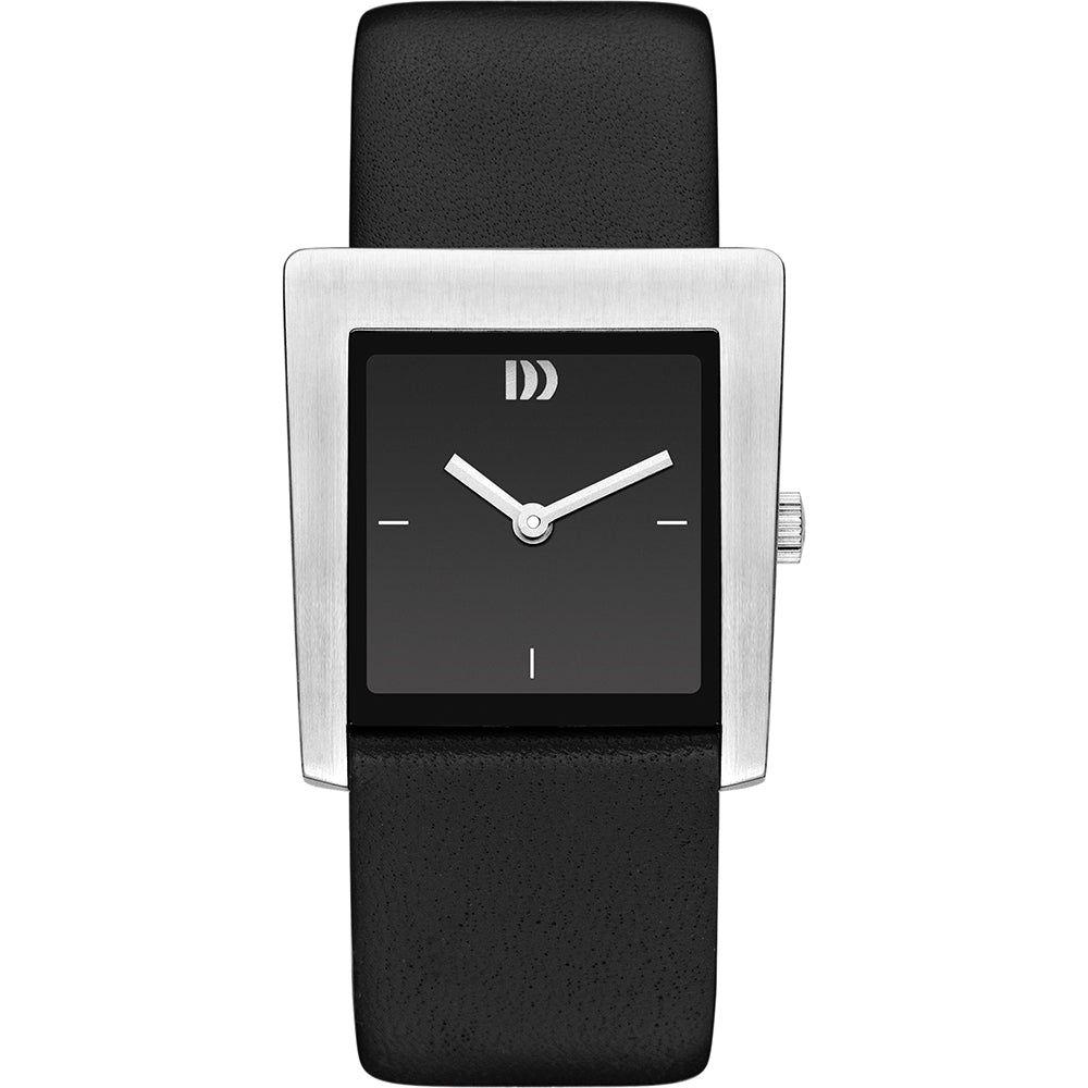 Schwarze Uhr mit quadratischem Gehäuse, silbernem Zifferblatt und schwarzem Lederarmband