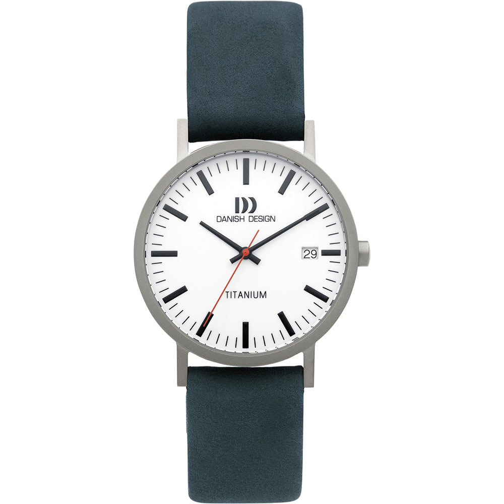 Uhr mit silbernem Gehäuse, weißem Zifferblatt und schwarzem Lederarmband