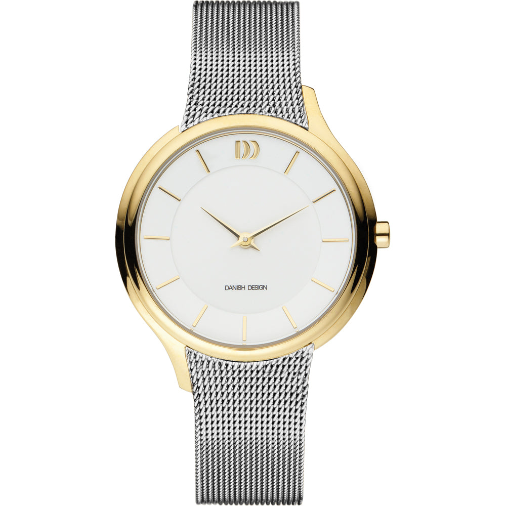 Uhr mit silbernem Mesh-Armband, goldfarbenem Gehäuse und weißem Zifferblatt