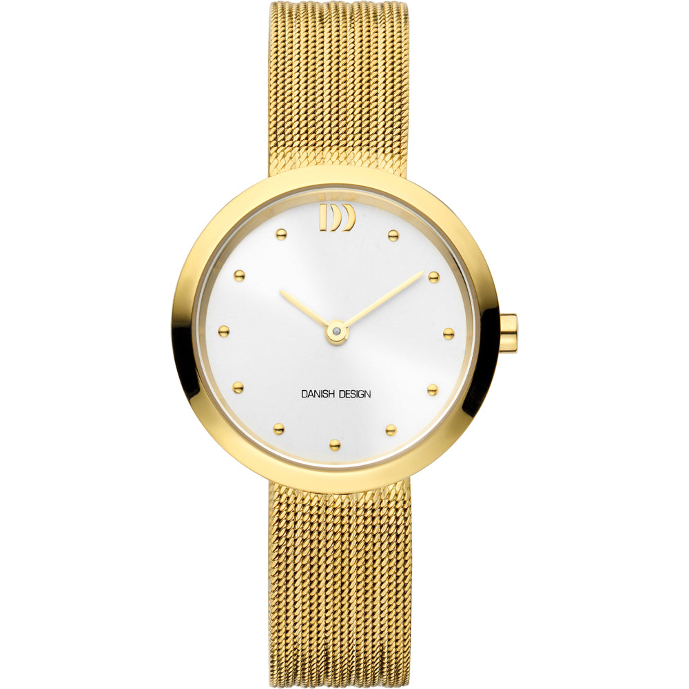 Uhr mit goldenem Gehäuse, weißem Zifferblatt und goldenem Mesh-Armband