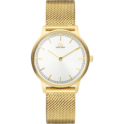 Uhr mit goldenem Gehäuse, weißem Zifferblatt und goldenem Mesh-Armband