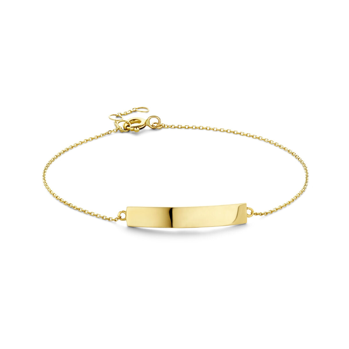 Gravurarmband aus 14K Gelbgold mit flacher, rechteckiger Platte und feiner Kette