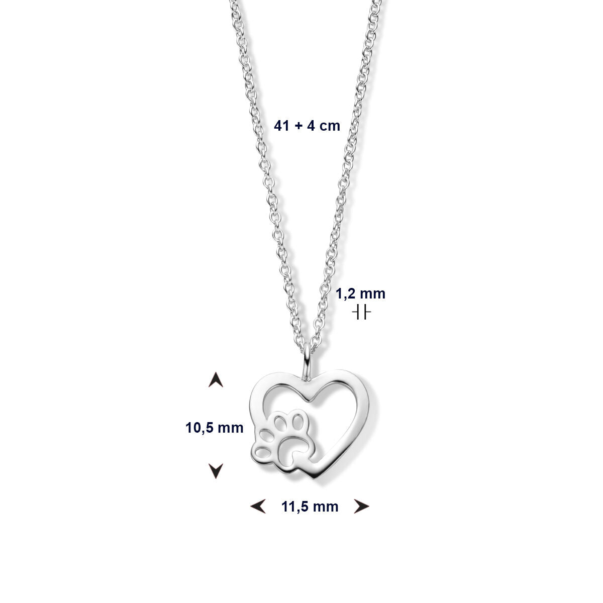 Halskette Herz Hundepfote 41 + 4 cm Silber rhodiniert