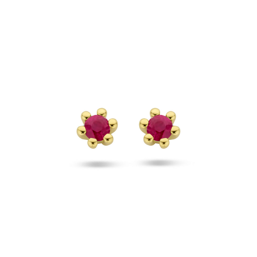 De Van der Kooij Collectie oorknoppen robijn 14K geelgoud zijn voorzien van een briljant geslepen robijn in het midden, omgeven door zes gouden kralen in een bloemenpatroon, gepresenteerd op een witte achtergrond.
