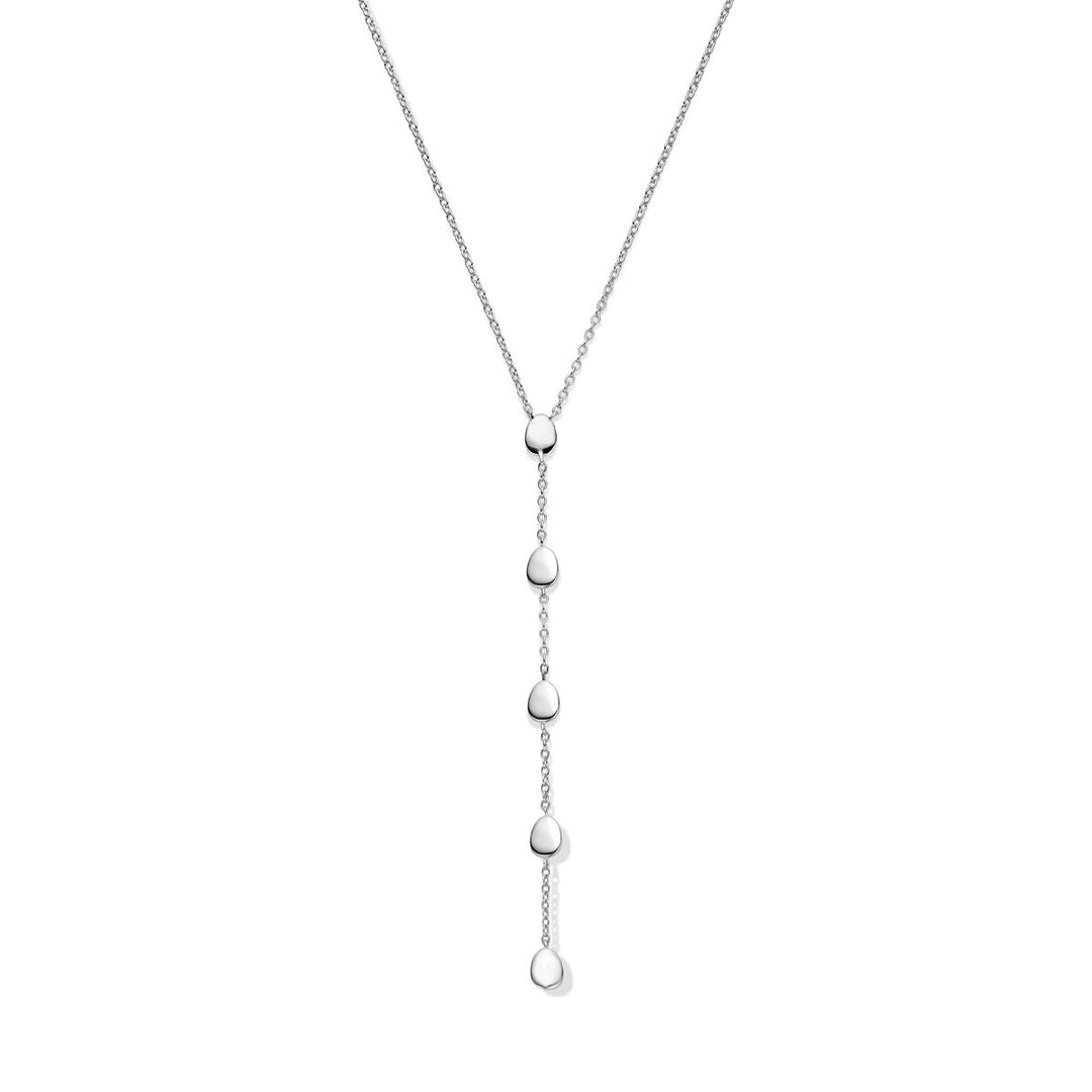 De Van der Kooij Collectie y-collier 40 + 5 cm is een gehodineerd zilveren ketting met een minimalistisch ontwerp en vijf kleine druppelvormige hangers die verticaal aan een fijne ketting hangen.
