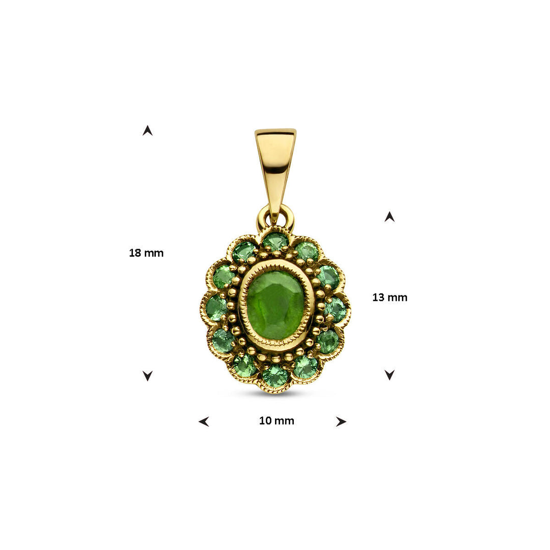 De hanger smaragd 14K geelgoud uit de Van der Kooij Collectie combineert klassieke elegantie met een centrale smaragd, omlijst door kleine groene stenen in bloemmotief. Afmetingen: 18 x 13 x 10 mm.