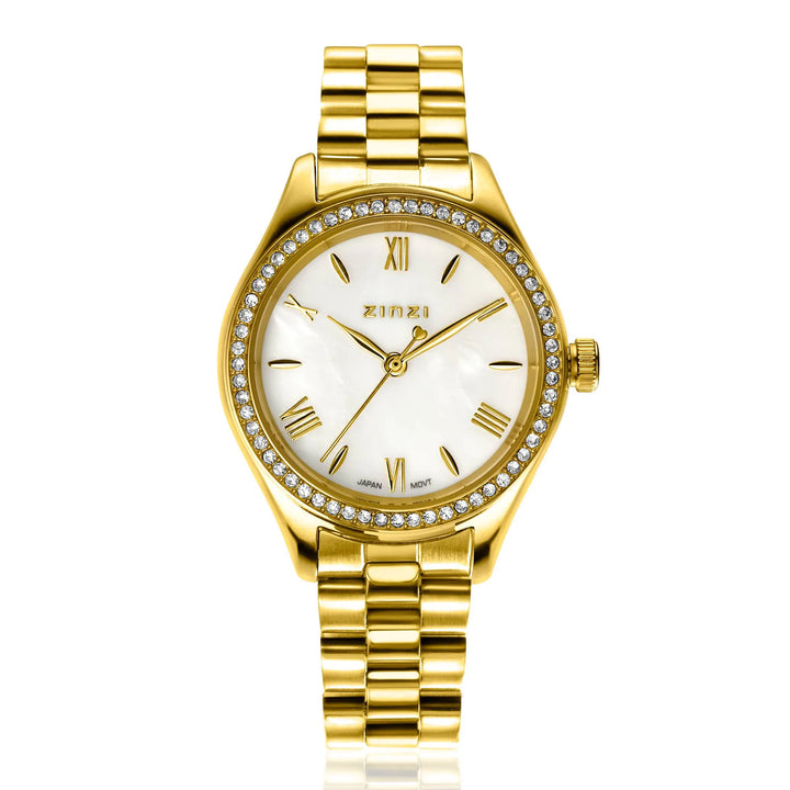 Het Zinzi Goudkleurig Horloge Staal ZIW2434 is voorzien van een goudkleurige metalen schakelband, parelmoer wijzerplaat, Romeinse cijfers, zirkonia's op de ring en het Zinzi-merk op de wijzerplaat.