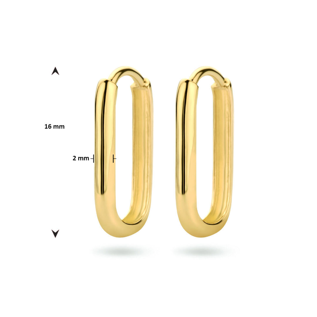 Een paar Van der Kooij Collectie klapoorringen paperclip 14K geelgoud, met een rechthoekig hoepelontwerp met afgeronde hoeken (16x2 mm), afgebeeld op een witte achtergrond met maataanduidingen.