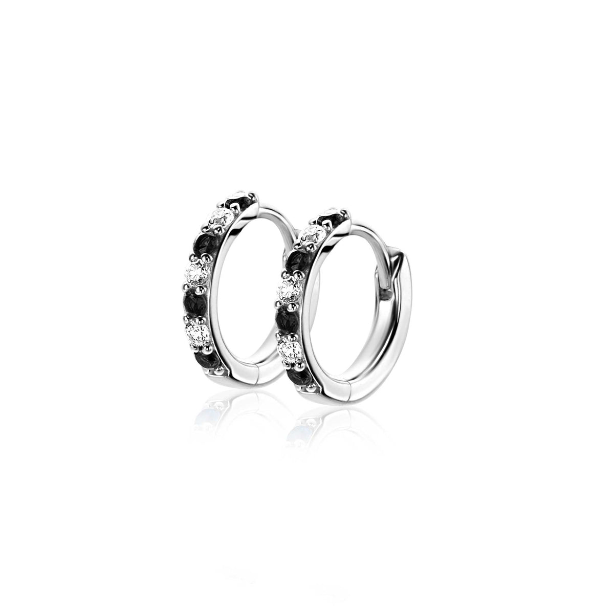 Ohrringe aus Silber mit schwarzen und klaren Steinen, kreisförmiges Design