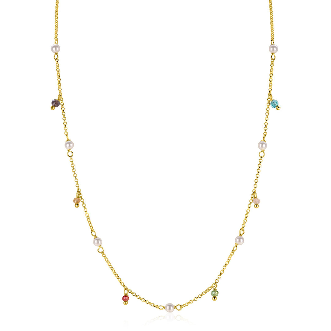 De ZINZI vergulde zilveren ketting ZIC2705G van Zinzi heeft een delicate vergulde ketting versierd met kleine witte parels en kleurrijke edelsteen bedels gelijkmatig verdeeld over de ketting.