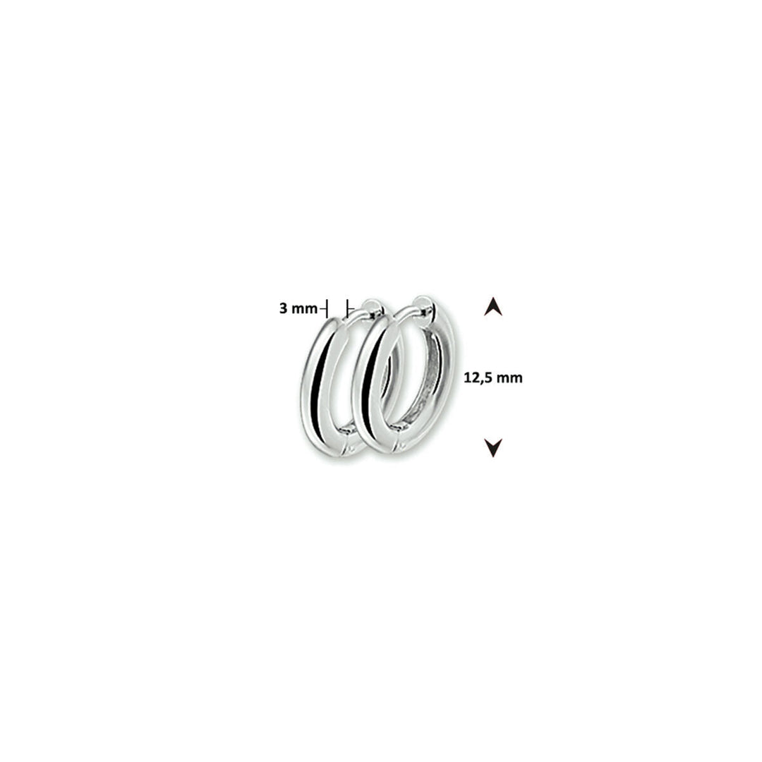 Een paar kleine klapoorringen bol van Van der Kooij Collectie, 3 mm dik en 12,5 mm in diameter, gemaakt van gegerhodineerd zilver, afgebeeld op een witte achtergrond met gemarkeerde afmetingen.