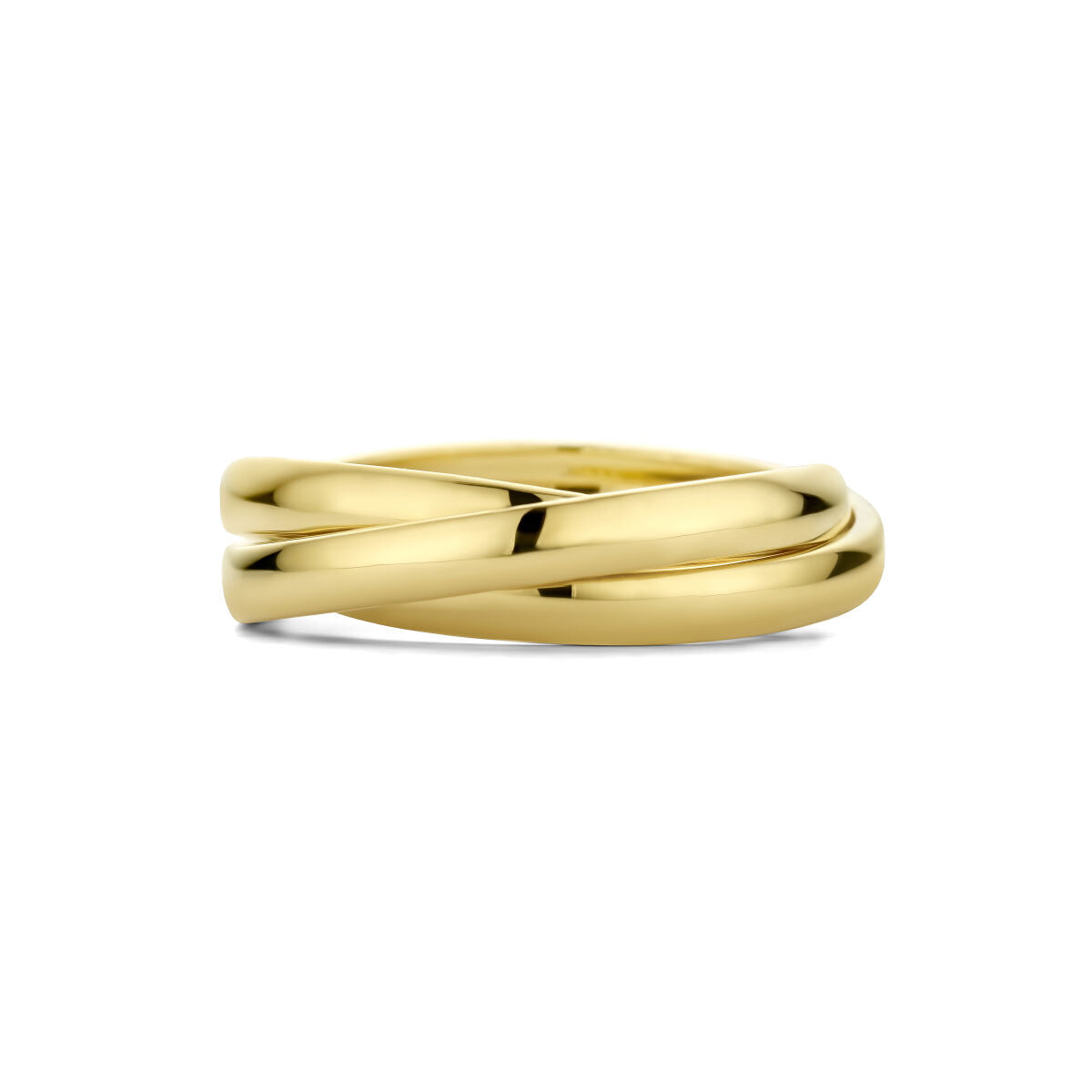 De trinity ringen 14K geelgoud uit de Van der Kooij Collectie bestaan uit drie gladde, in elkaar grijpende banden met een gepolijste afwerking en worden elegant getoond tegen een witte achtergrond.