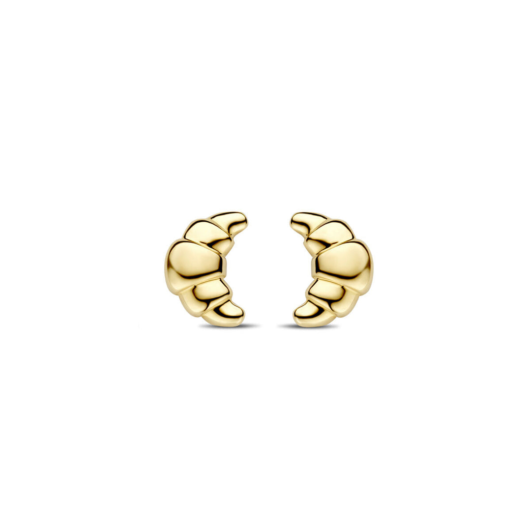 Van der Kooij Collectie oorknoppen croissant 8,5 mm in 14K geelgoud, ideaal voor dames sieraden, gepresenteerd op een witte achtergrond.