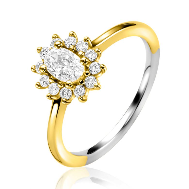 Ring mit ovalem Zirkonia in der Mitte, umgeben von kleinen, funkelnden Steinen, vergoldet und silberfarben.