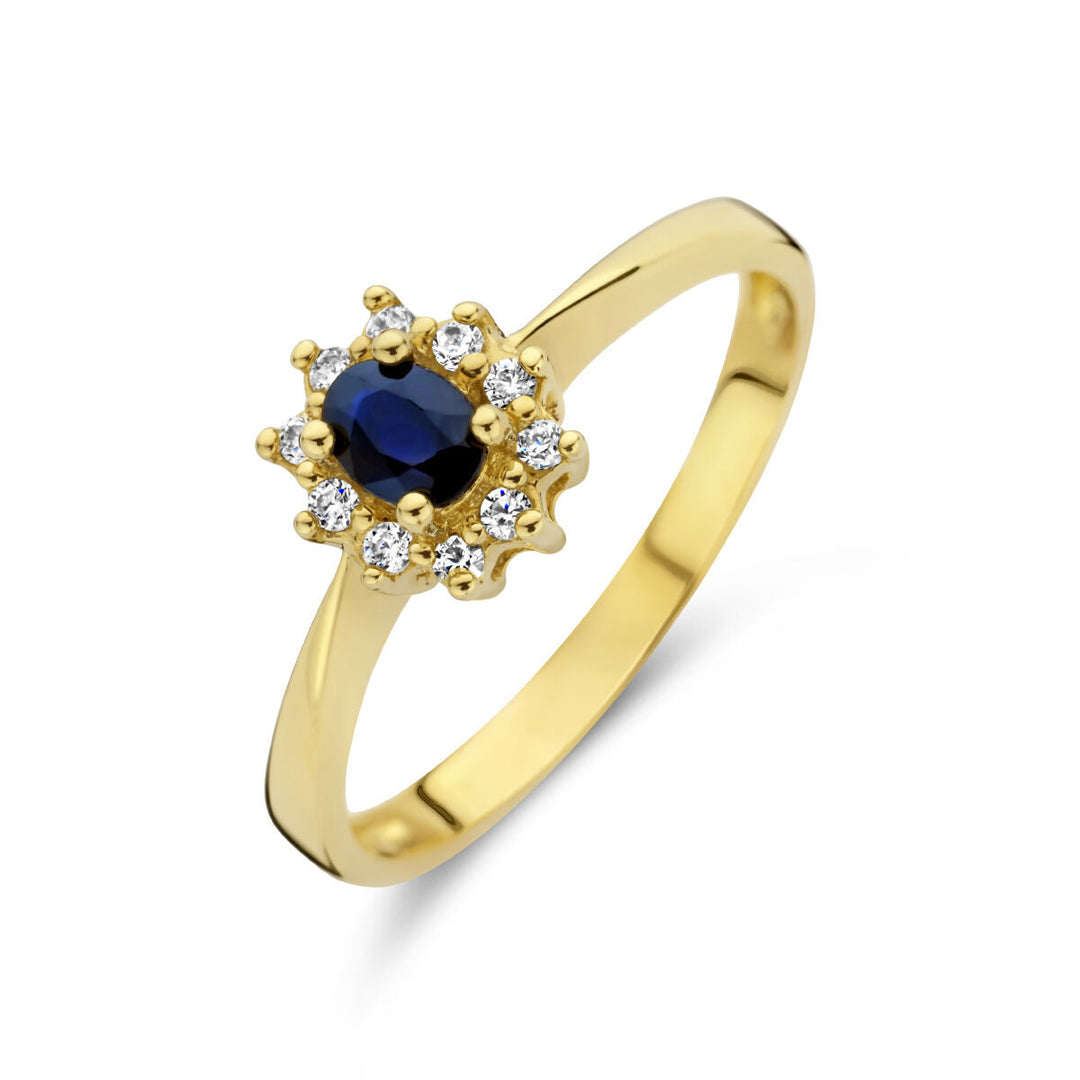 De Van der Kooij Collectie ring saffier en diamant 0.08ct h p1 halo 14K geelgoud heeft een centrale donkerblauwe saffier omringd door een halo van witte diamanten, getoond op een witte achtergrond.