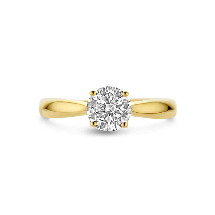 De Van der Kooij Collectie ring heeft een 1.0ct lab grown diamant (H SI) solitaire in een 14K geelgouden band, elegant weergegeven op een witte achtergrond.