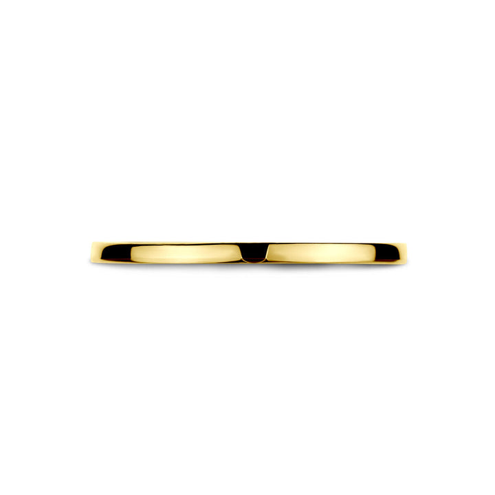 De Van der Kooij Collectie ring 14K geelgoud is een dunne, gepolijste gouden ring met een gladde, glanzende afwerking voor dames, afgebeeld op een witte achtergrond.